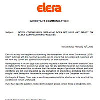 NOVEL CORONAVIRUS (2019-nCoV) DOES NOT HAVE ANY IMPACT ON ELESA MANUFACTURING FACILITIES